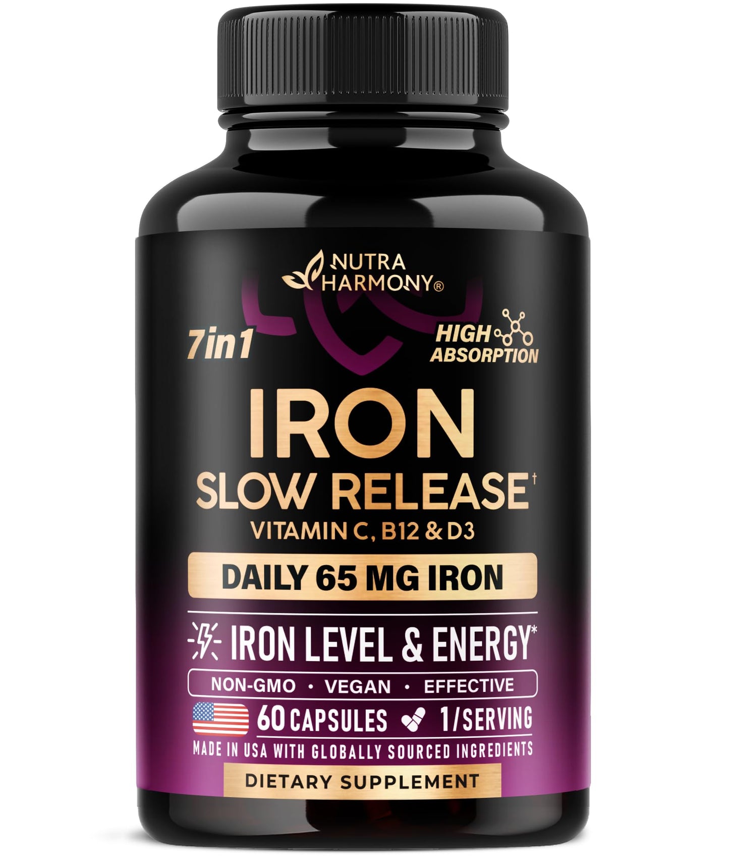 Iron Supplement for Women - Iron 65mg (Ferrous Sulfate 325mg) - Stomach Friendly | Slow Release Iron | High Absorption - Vitamins C, D3, B6, B12 & Folate - Maple Wellness Supplements