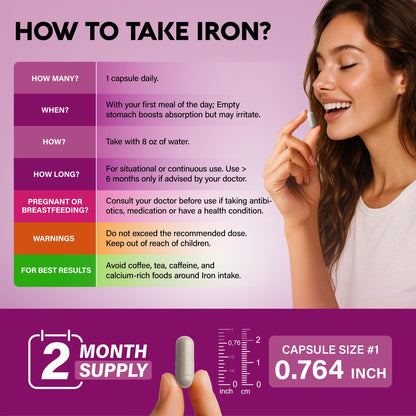 Iron Supplement for Women - Iron 65mg (Ferrous Sulfate 325mg) - Stomach Friendly | Slow Release Iron | High Absorption - Vitamins C, D3, B6, B12 & Folate - Maple Wellness Supplements