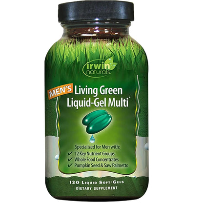 Irwin Naturals Men's Living Green Liquid-Gel Multi - 70 Essential Nutrients, Full-Spectrum Vitamin Supplements for Men, Wholefood Blend - Promotes Brain & Adrenal Support - 120 Liquid Soft-Gels - Maple Wellness Supplements