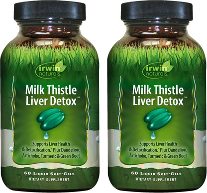 Irwin Naturals Milk Thistle Liver Detox - 60 Liquid Soft-Gels, Pack of 2 - Supports Liver Health with Dandelion, Artichoke, Turmeric & Green Beet Root - 60 Total Servings - Maple Wellness Supplements