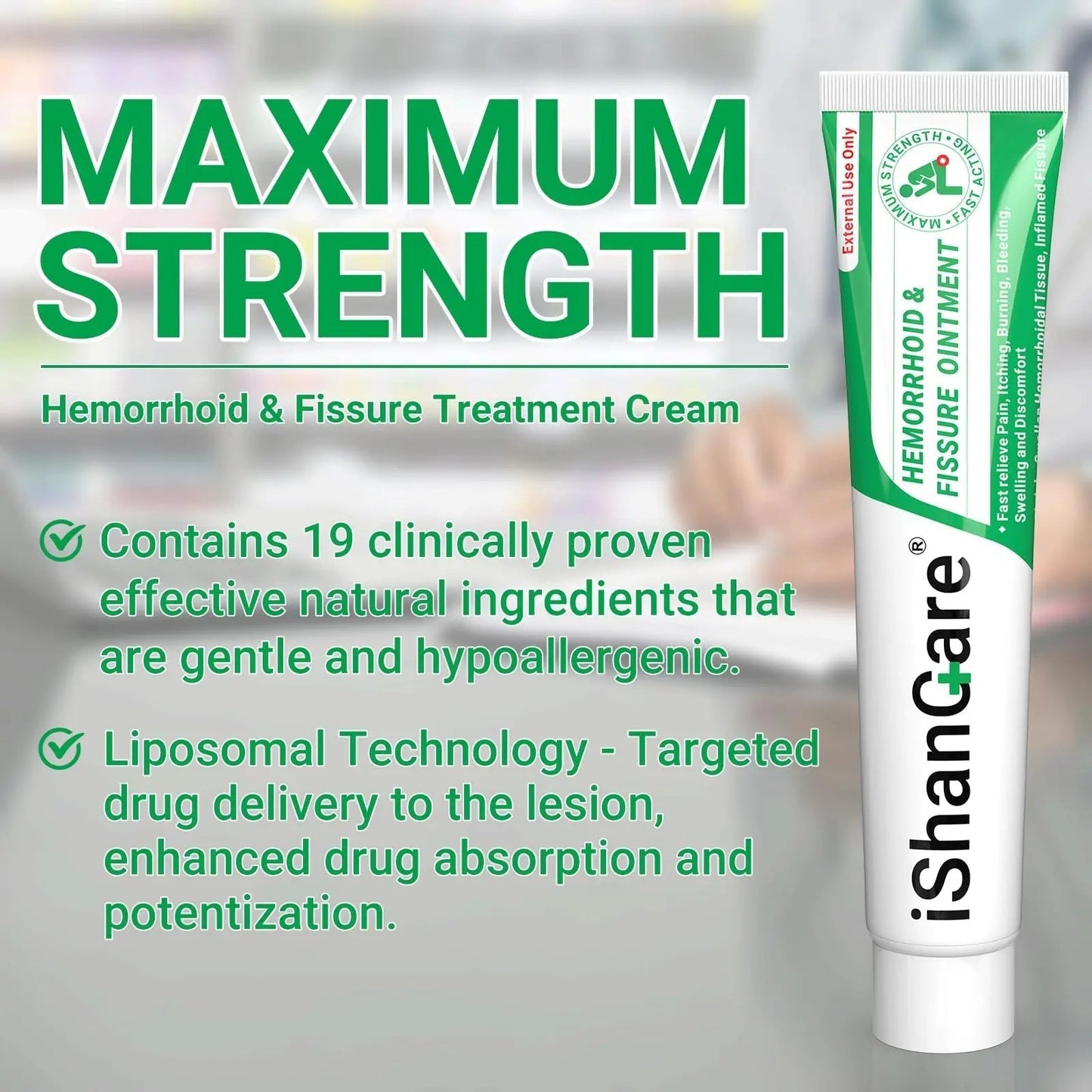 ishancare Hemorrhoid Cream, Hemorrhoid & Fissure Treatment Ointment Extra Strength, Relief Anal Pain, Itching, Bleeding, Swelling, Discomfort, Natural Herbs Fast Acting Ingredients, Contains Vitamin E - Maple Wellness Supplements