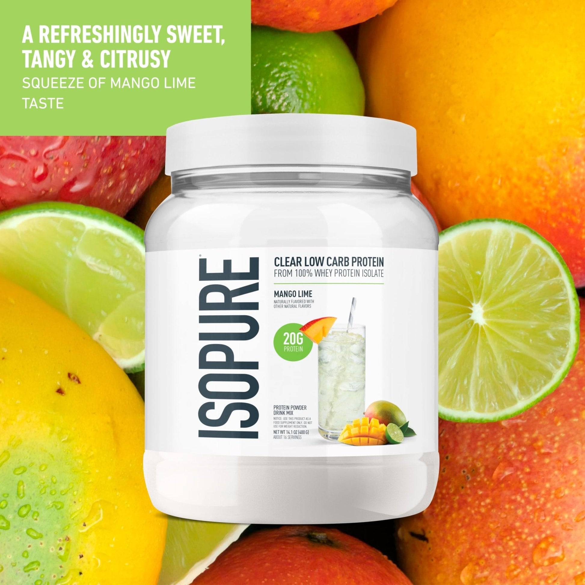 Isopure Clear Whey Isolate Protein Powder, Lactose Free, Gluten Free, Naturally Flavored, Mango Lime, 20g Protein Per Serving, 14.1 Oz, 16 Servings (Packaging May Vary) - Maple Wellness Supplements