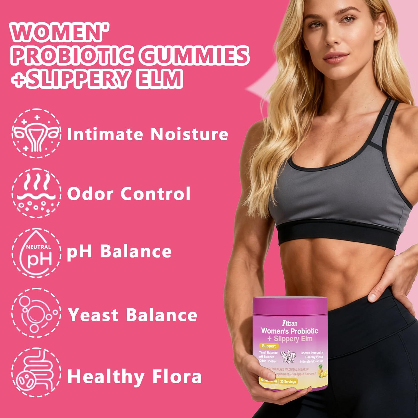 Itiban Feminine Vaginal Probiotics Gummies, Supports pH Balance & Digestive Health, Slippery Elm for Women, Suagr-Free - Maple Wellness Supplements