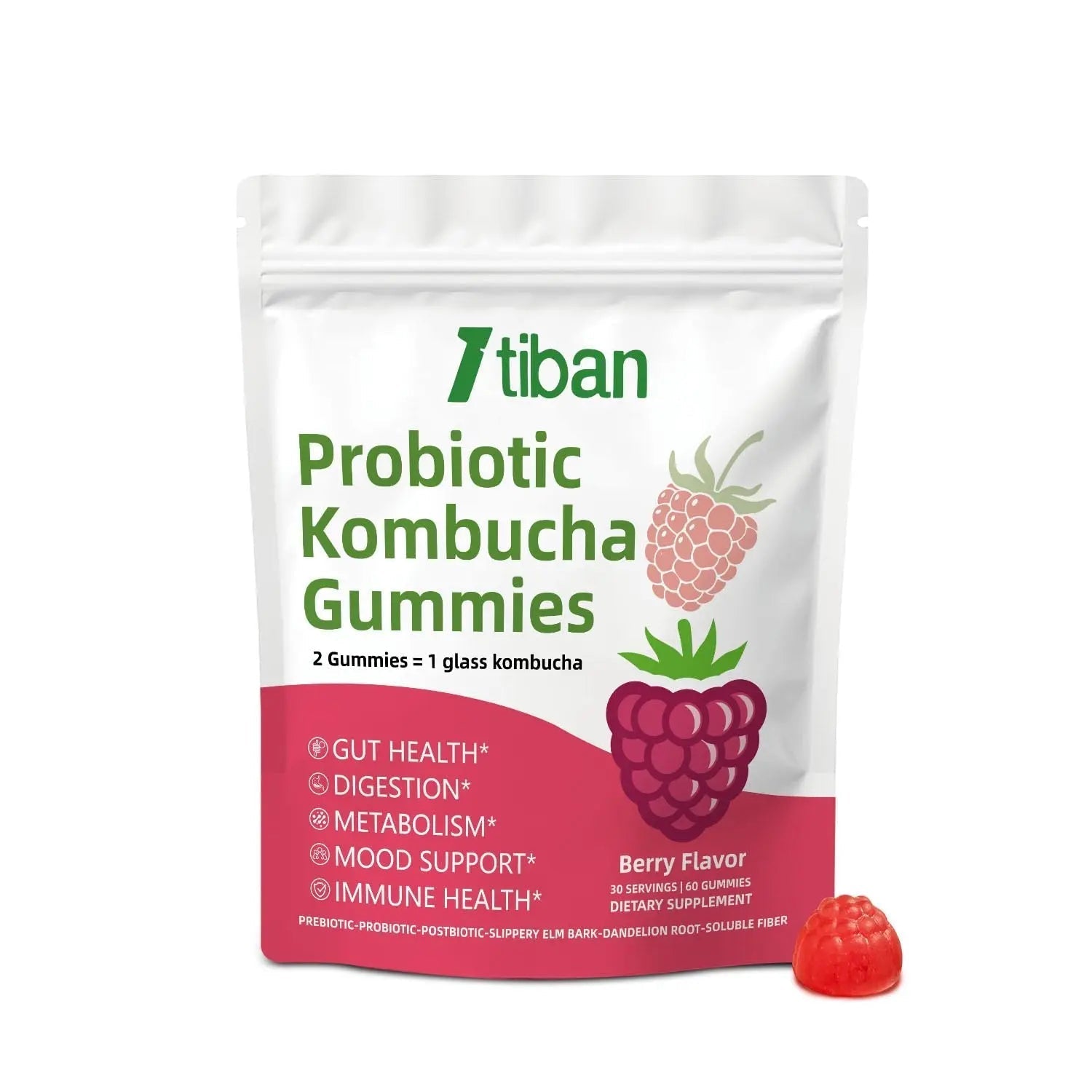 Itiban Probiotic Kombucha Gummy - Prebiotics, Probiotics, Postbiotics, Fiber Supplement, Slippery Elm for Bloating, Gut Health, Women and Men, 60ct - Maple Wellness Supplements