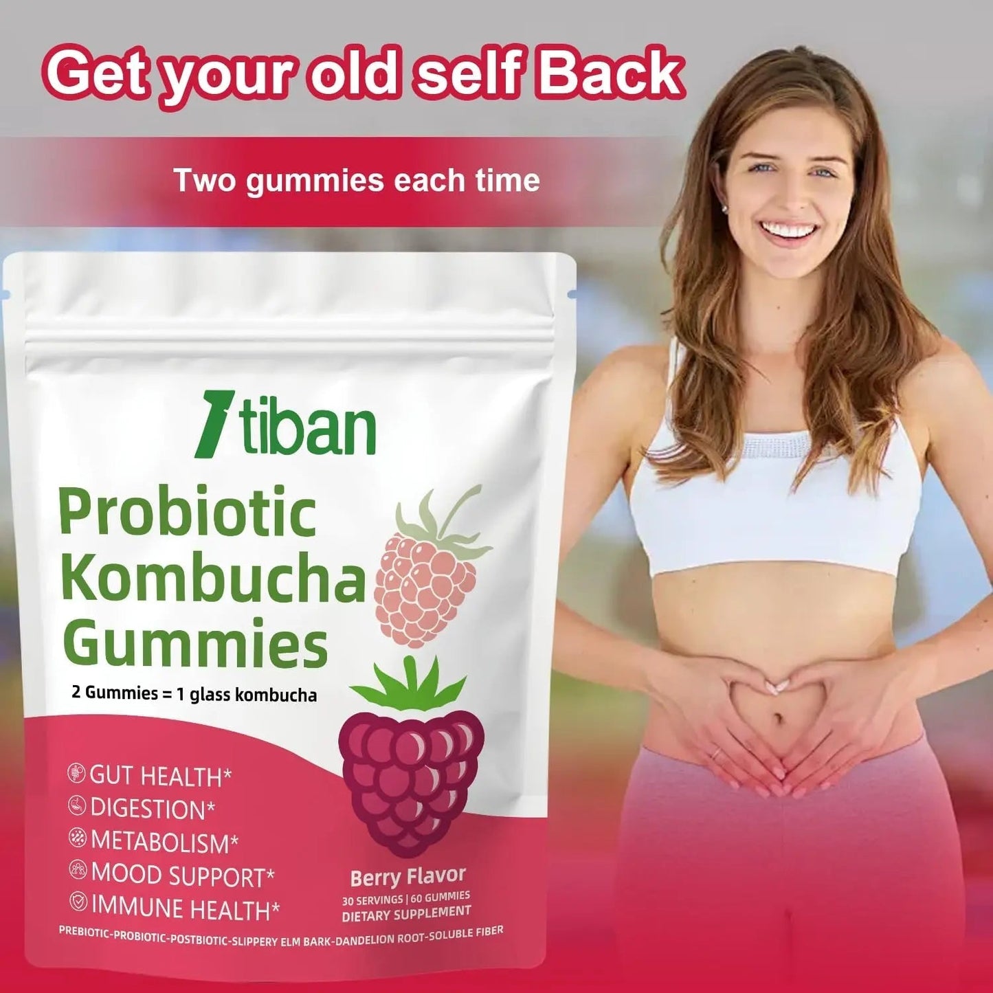 Itiban Probiotic Kombucha Gummy - Prebiotics, Probiotics, Postbiotics, Fiber Supplement, Slippery Elm for Bloating, Gut Health, Women and Men, 60ct - Maple Wellness Supplements