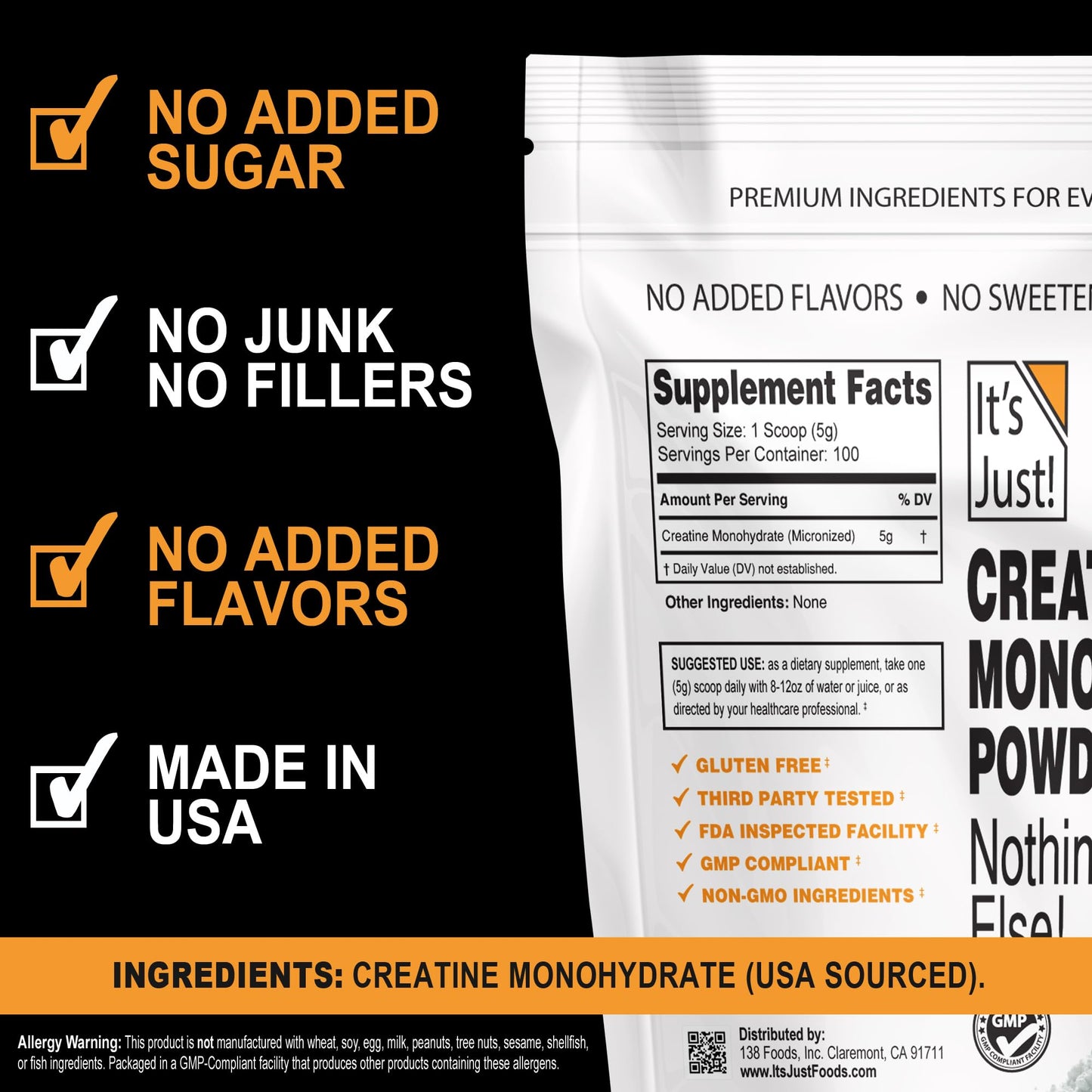 It's Just! - Creatine Monohydrate Powder, Pure Creatine Powder, Made in USA, 3rd Party Lab Tested, 5g Per Serving, Scoop Included, No Fillers, No Added Flavor (Unflavored, 500g / 100 Servings) - Maple Wellness Supplements