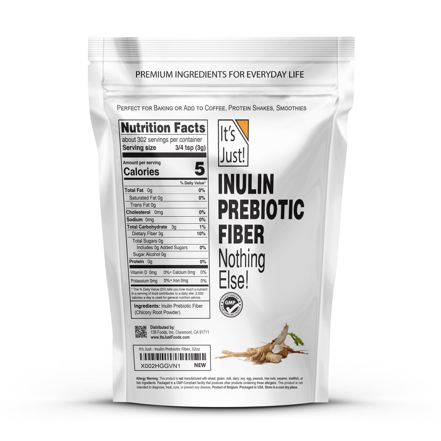 It's Just! - Inulin Prebiotic Fiber, Water Soluble, Chicory Root Powder, Promotes Gut Health, Made in USA, Product of Belgium, Vegan/Keto Friendly - Maple Wellness Supplements