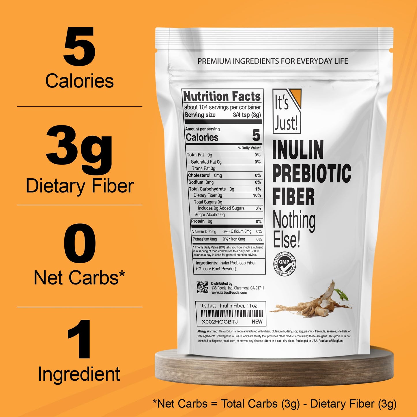 It's Just! - Inulin Prebiotic Fiber, Water Soluble, Chicory Root Powder, Promotes Gut Health, Made in USA, Product of Belgium, Vegan/Keto Friendly - Maple Wellness Supplements