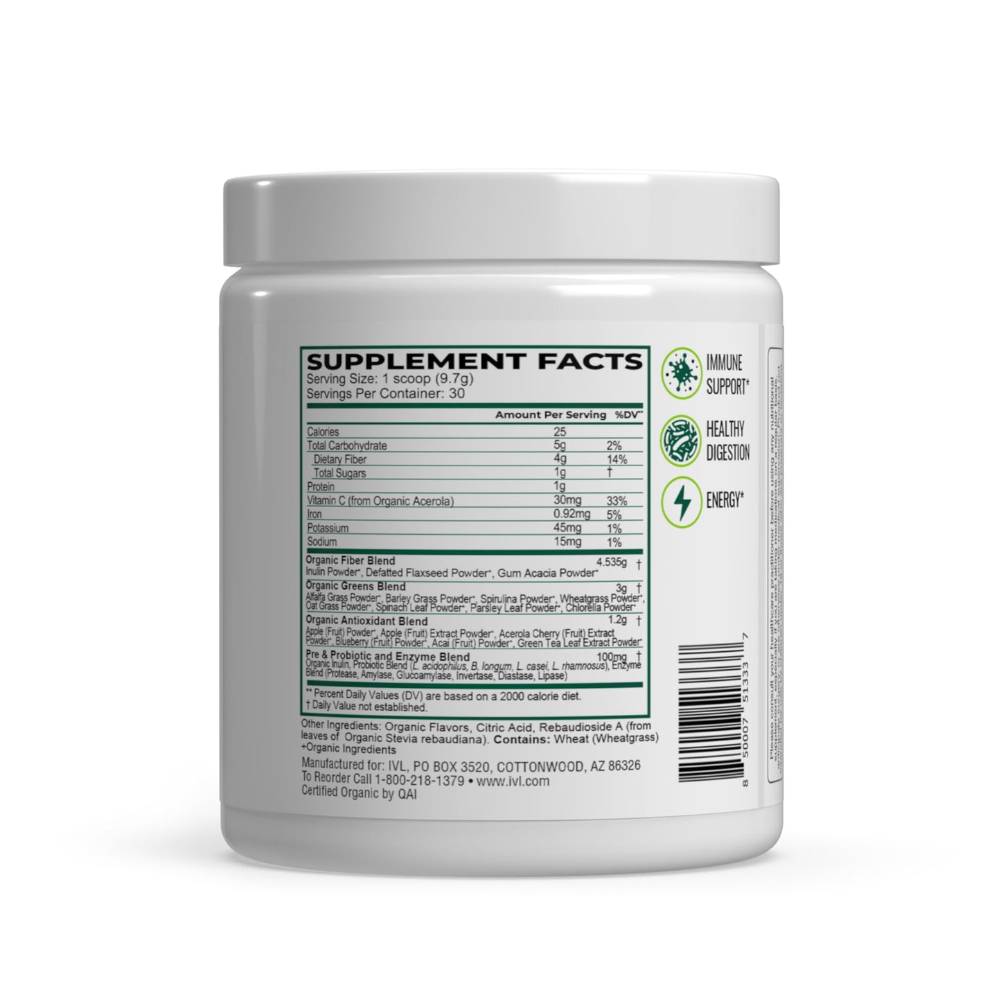 IVL - Organic Greens - Organic Superfood Drink - Loaded with Antioxidants, Micronutrients, Prebiotics & Probiotics - for Immune Support, Digestive Health - Great Taste (1 Pack, 30 Servings) - Maple Wellness Supplements