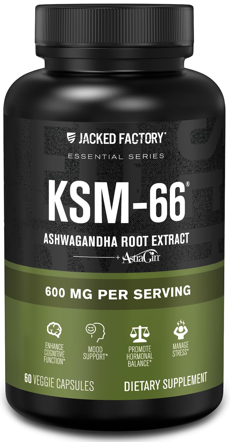 Jacked Factory Ashwagandha Root Extract (KSM-66 Ashwagandha) w/ 5% Withanolides - Supplement for Natural Stress Relief, Cognitive Function, Vitality, and Mood Support - 60 Veggie Capsules - Maple Wellness Supplements