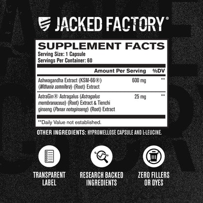 Jacked Factory Ashwagandha Root Extract (KSM-66 Ashwagandha) w/ 5% Withanolides - Supplement for Natural Stress Relief, Cognitive Function, Vitality, and Mood Support - 60 Veggie Capsules - Maple Wellness Supplements
