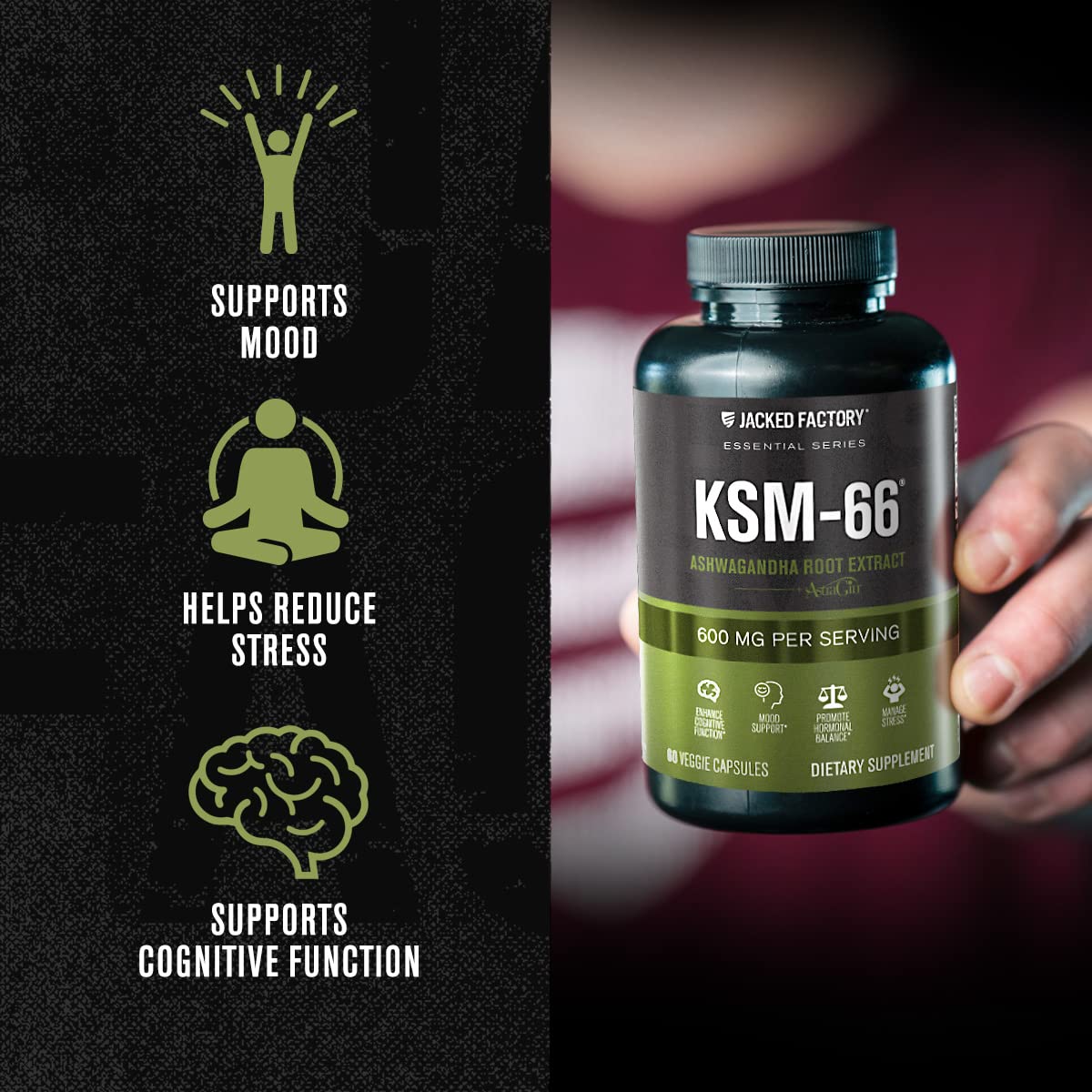 Jacked Factory Ashwagandha Root Extract (KSM-66 Ashwagandha) w/ 5% Withanolides - Supplement for Natural Stress Relief, Cognitive Function, Vitality, and Mood Support - 60 Veggie Capsules - Maple Wellness Supplements