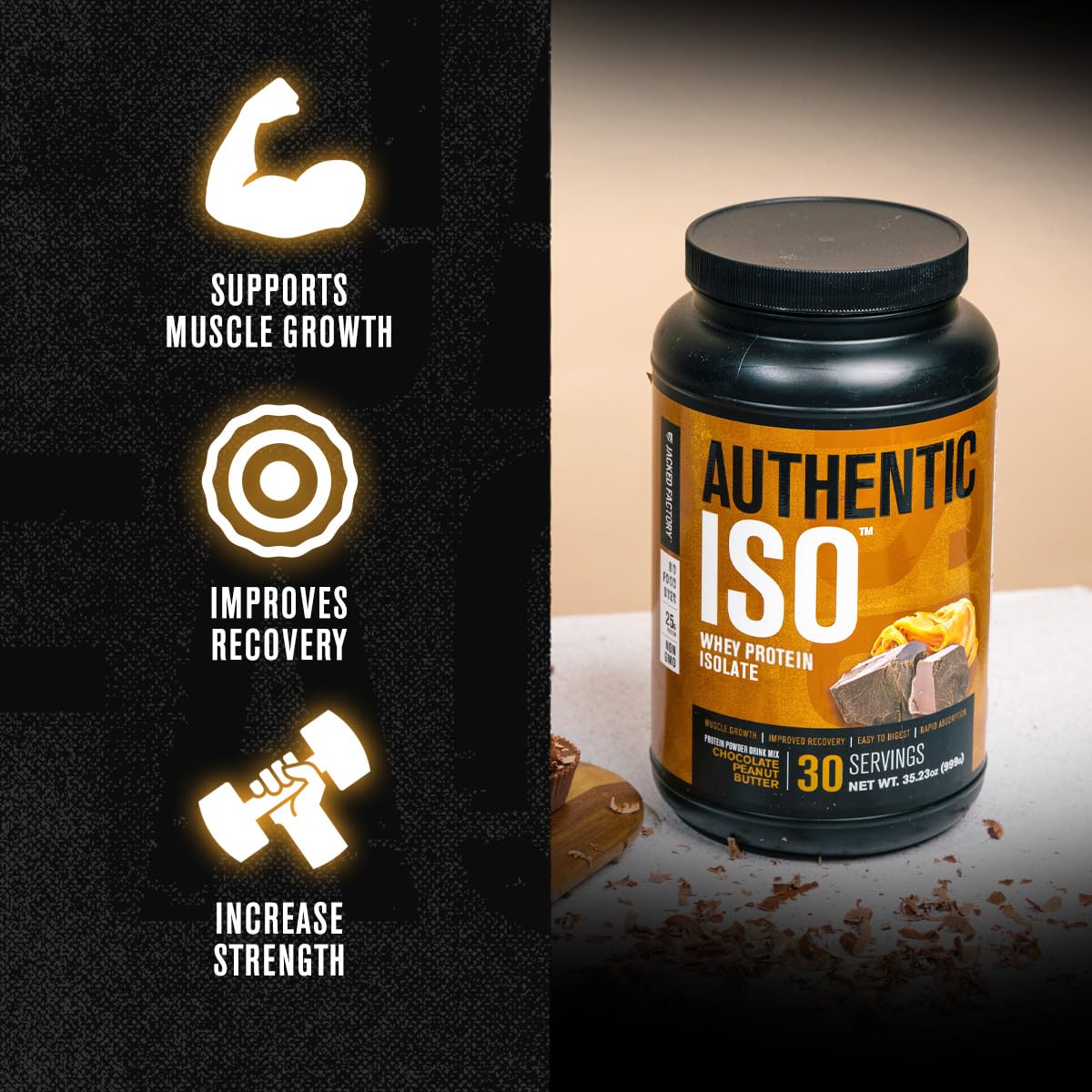 Jacked Factory Authentic ISO Grass Fed Whey Protein Isolate Powder - Low Carb, Non-GMO Muscle Building Protein w/No Fillers, Post Workout Recovery, Chocolate Peanut Butter - 25 Servings - Maple Wellness Supplements