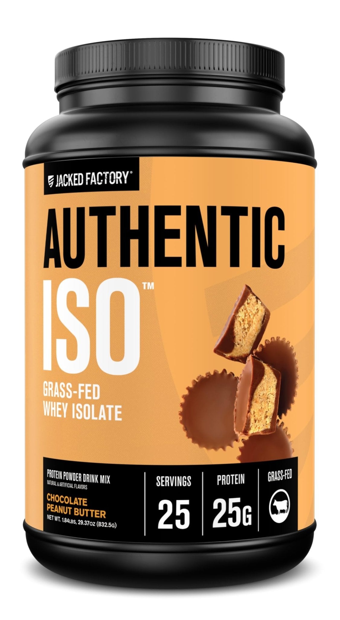 Jacked Factory Authentic ISO Grass Fed Whey Protein Isolate Powder - Low Carb, Non-GMO Muscle Building Protein w/No Fillers, Post Workout Recovery, Chocolate Peanut Butter - 25 Servings - Maple Wellness Supplements