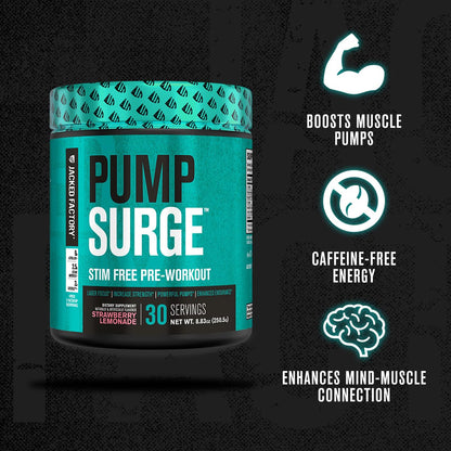 Jacked Factory Pumpsurge Caffeine Free Pre Workout for Men & Women - Booster & Stim Free Pre Workout - Intense Pumps, Enhanced Focus - 30 Servings, Cherry Limeade 8.83oz - Maple Wellness Supplements