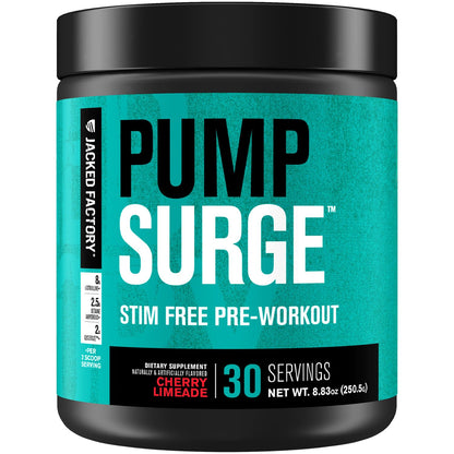 Jacked Factory Pumpsurge Caffeine Free Pre Workout for Men & Women - Booster & Stim Free Pre Workout - Intense Pumps, Enhanced Focus - 30 Servings, Cherry Limeade 8.83oz - Maple Wellness Supplements