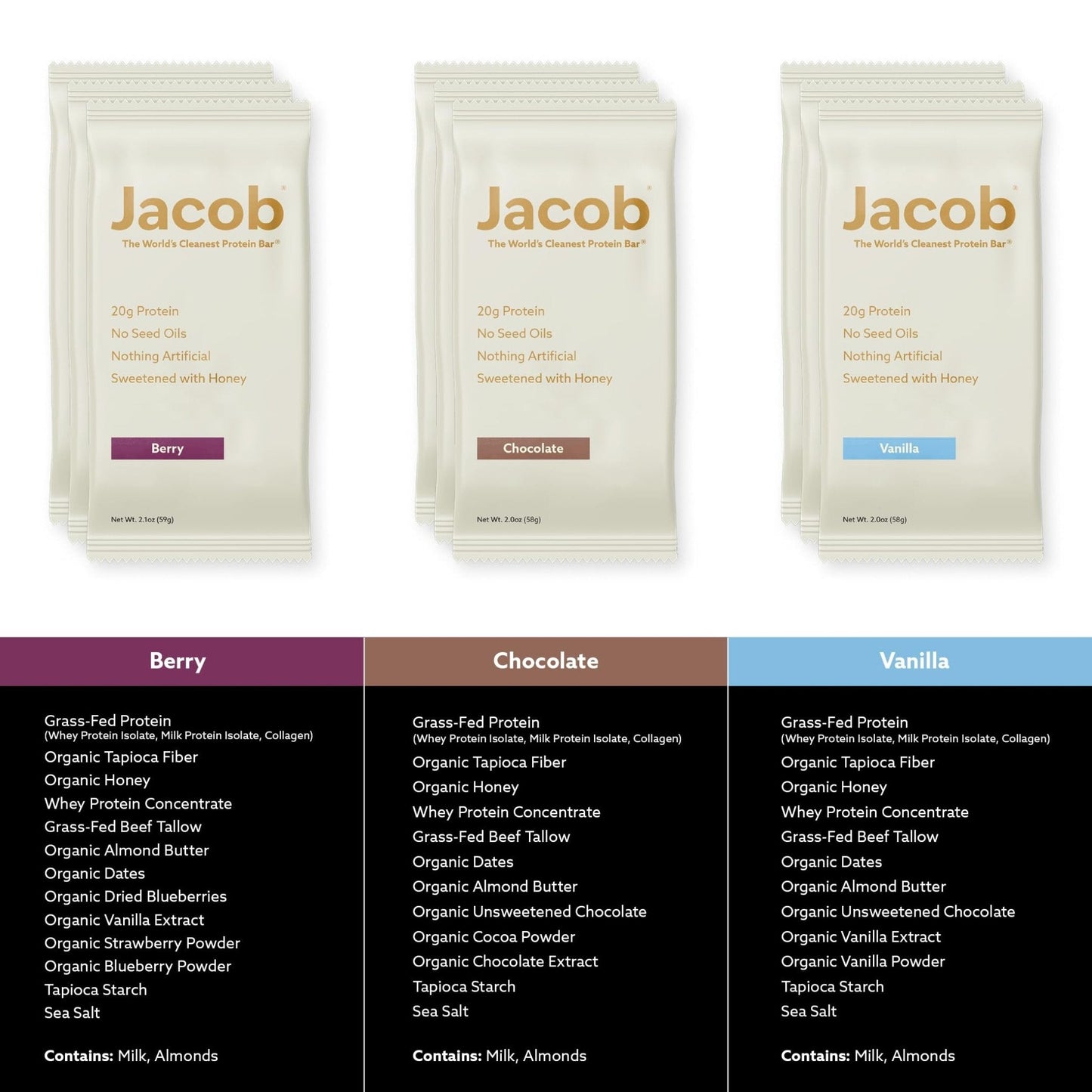 Jacob Bar, Protein Bars, Variety Pack (9 Bars Total) Contains 3 of Each; Chocolate, Vanilla, Berry - 20g Grass-Fed Protein, No Seed Oils, Nothing Artificial - Maple Wellness Supplements