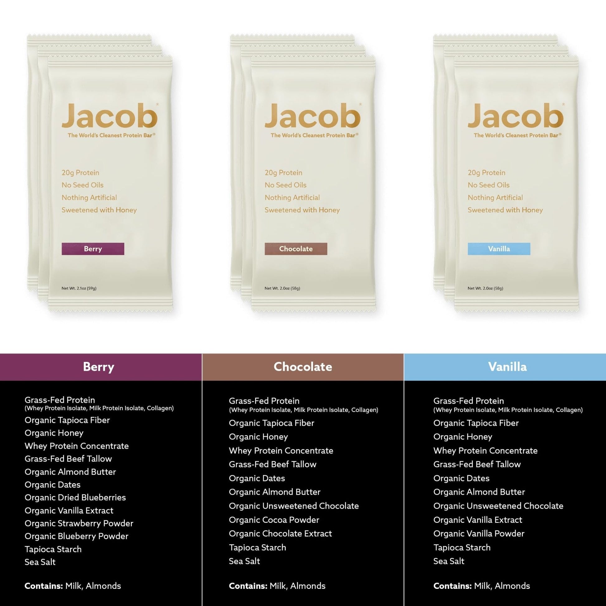 Jacob Bar, Protein Bars, Variety Pack (9 Bars Total) Contains 3 of Each; Chocolate, Vanilla, Berry - 20g Grass-Fed Protein, No Seed Oils, Nothing Artificial - Maple Wellness Supplements