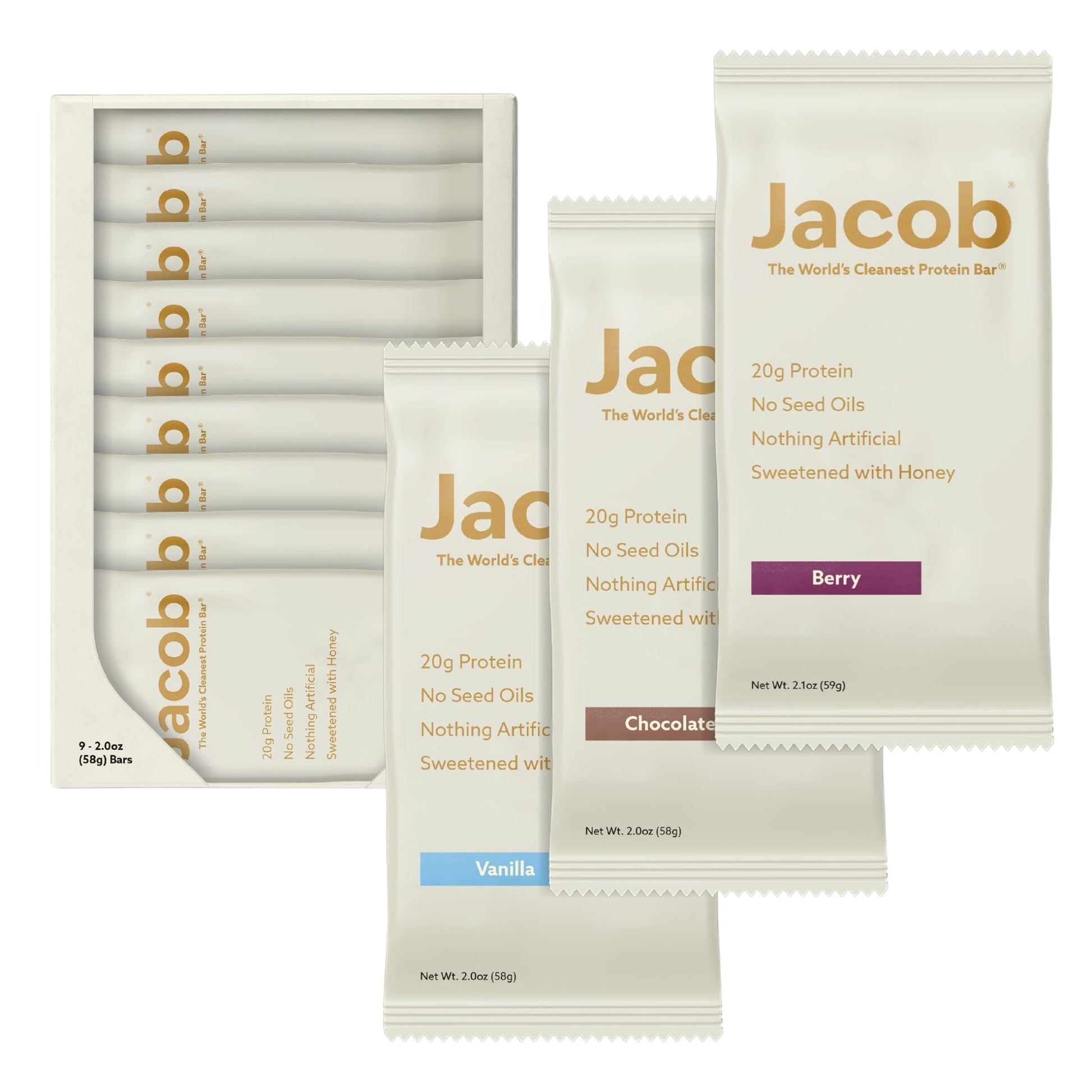 Jacob Bar, Protein Bars, Variety Pack (9 Bars Total) Contains 3 of Each; Chocolate, Vanilla, Berry - 20g Grass-Fed Protein, No Seed Oils, Nothing Artificial - Maple Wellness Supplements