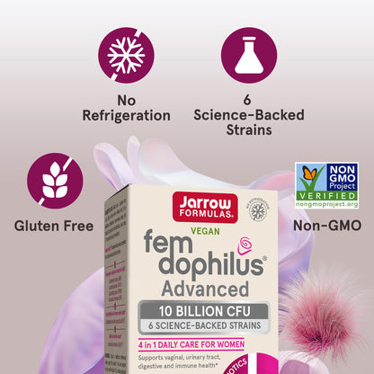 Jarrow Formulas Fem-Dophilus Advanced Vaginal & Digestive Probiotics 10 Billion CFU with 6 Science Backed Strains, for Vaginal, Urinary Tract - Maple Wellness Supplements