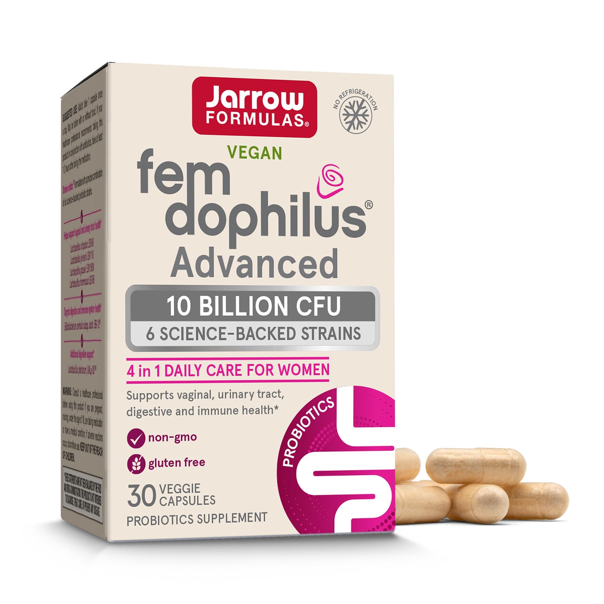 Jarrow Formulas Fem-Dophilus Advanced Vaginal & Digestive Probiotics 10 Billion CFU with 6 Science Backed Strains, for Vaginal, Urinary Tract - Maple Wellness Supplements