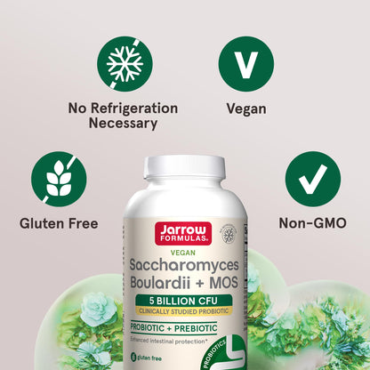 Jarrow Formulas Saccharomyces Boulardii + MOS Probiotics for Digestive Health and Intestinal Tract Support - 5 Billion CFU Per Serving - 90 Delayed Release Caps - Maple Wellness Supplements