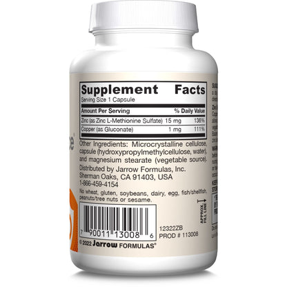 Jarrow Formulas Zinc Balance 15 mg - 100 Servings (Veggie Caps) - Zinc with Copper - Essential Minerals for Immune System Support - Immune Support Supplement - Gluten Free Copper Supplement, Vegan - Maple Wellness Supplements