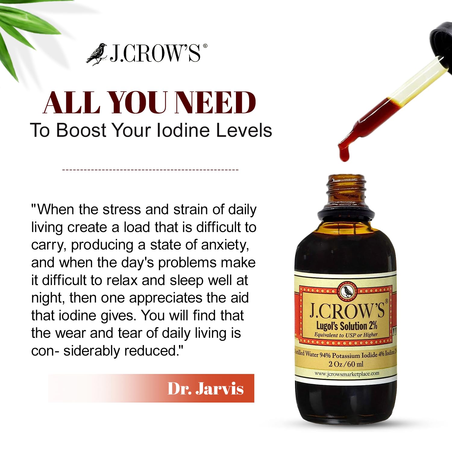 J.CROW'S® Lugol's Solution of Iodine 2% 2 oz (1 Bottle) – Premium Iodine & Potassium Iodide Liquid, Gluten - Maple Wellness Supplements