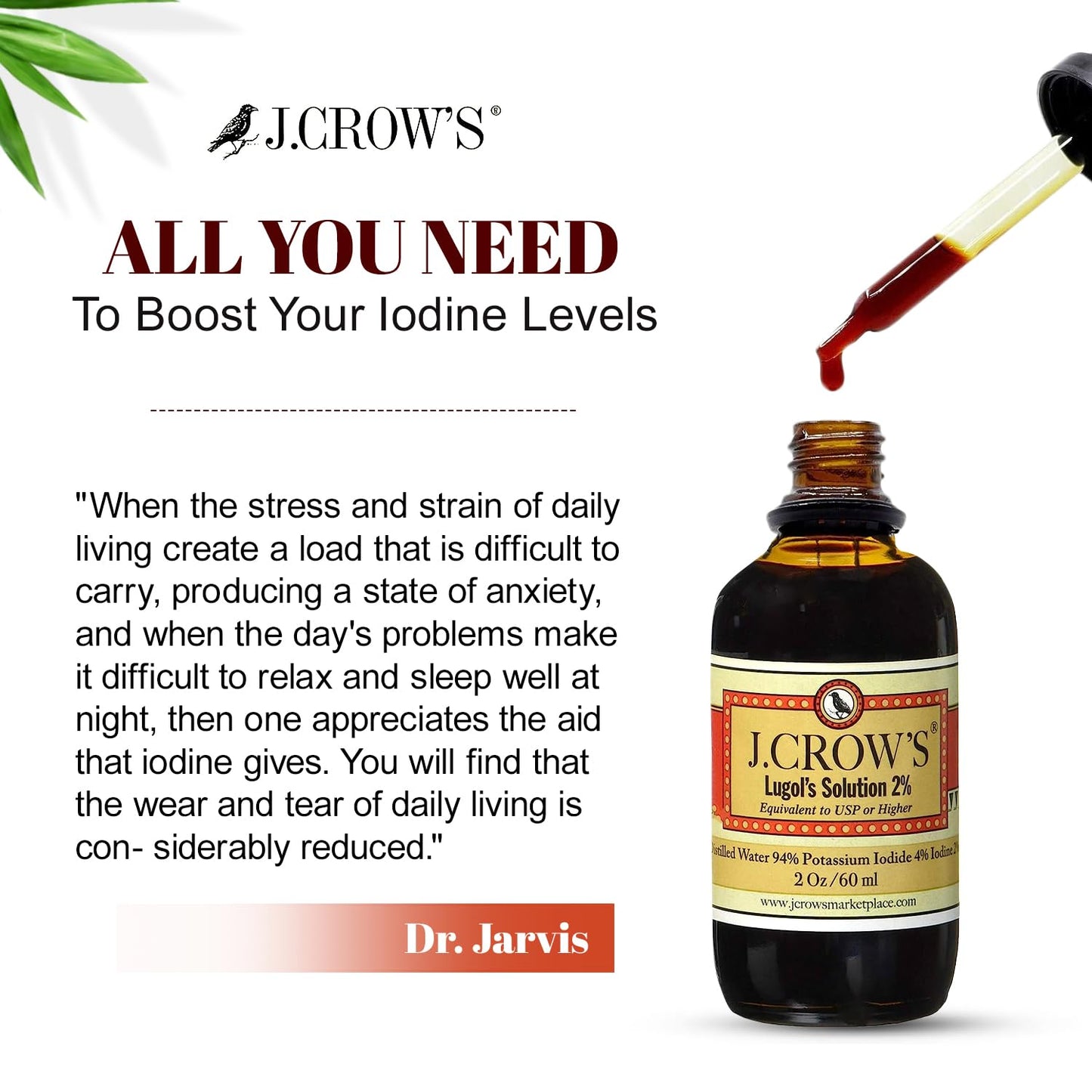 J.CROW'S® Lugol's Solution of Iodine 2% 2 oz (1 Bottle) – Premium Iodine & Potassium Iodide Liquid, Gluten & Alcohol-Free Natural Brine Extract, No Expiration - 1200 Drops - Maple Wellness Supplements