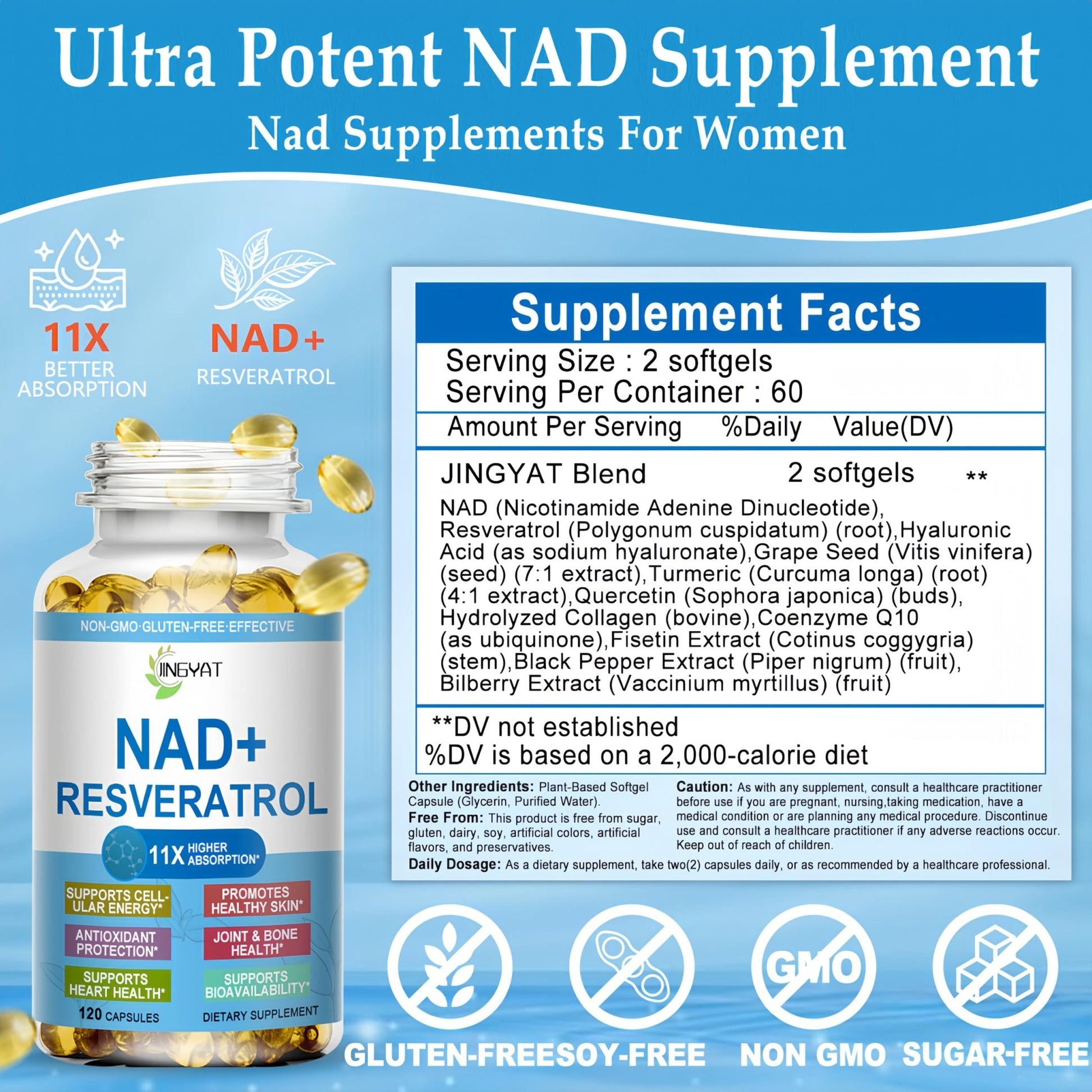 JINGYAT 11-in-1 NAD Supplement with Resveratrol, CoQ10, Quercetin, Collagen, Grape Seed for Cellular Energy, Mental Focus & Antioxidant Support - NAD Supplement for Women & Men, 120 Soft Capsules - Maple Wellness Supplements
