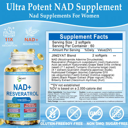 JINGYAT 11-in-1 NAD Supplement with Resveratrol, CoQ10, Quercetin, Collagen, Grape Seed for Cellular Energy, Mental Focus & Antioxidant Support - NAD Supplement for Women & Men, 120 Soft Capsules - Maple Wellness Supplements