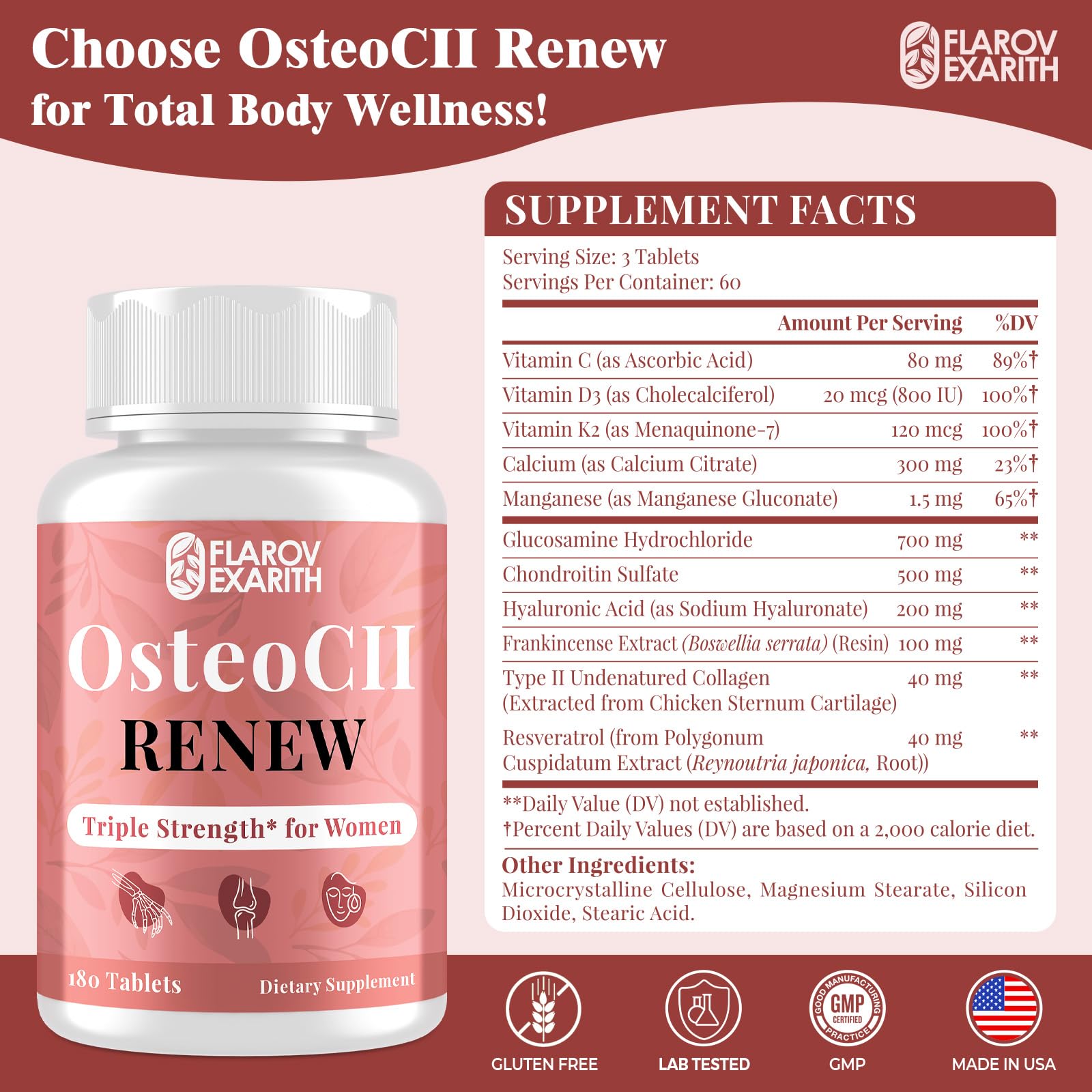 Joint Supplements for Women OsteoCII Renew Triple Strength – Advanced Joint, Bone & Skin Formula – Collagen, Glucosamine, Chondroitin, Calcium, MK-7, Vitamin D3, Hyaluronic Acid, 180 Tablets - Maple Wellness Supplements