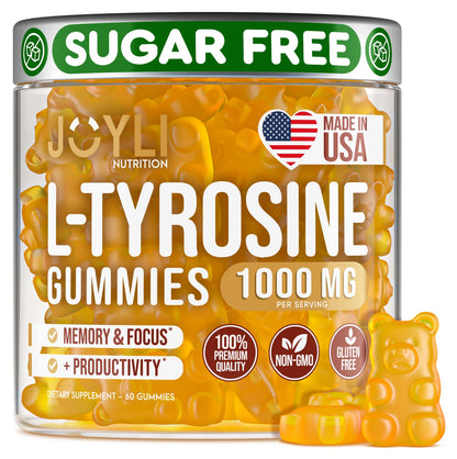 Joyli L Tyrosine Gummies 1000MG - L-Tyrosine Supplement for Kids & Adults - Calm & Focus Gummies for Brain, Memory, Mood, and Energy - 500mg L- Tyrosine Powder per Gummy - Vegan, Gluten-Free - Maple Wellness Supplements