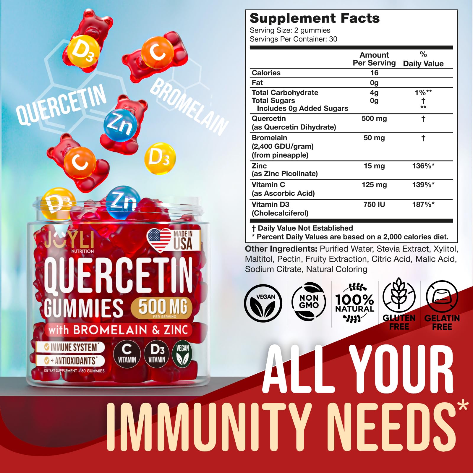 JOYLI Quercetin Gummies - Quercetin with Bromelain Zinc Vitamin C & Vitamin D3 - Quercetin Supplement 500MG for Immune System & Allergy - Quercetin for Kids and Adults - 60 Quercetin Chewable - Maple Wellness Supplements
