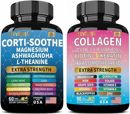 JTEVEweu Shining Serenity Set, Cortisol Support with Ashwagandha, L-Theanine, Magnesium, Lions Mane, GABA, Bacopa Monnieri, Collagen Biotin, Keratin, Hyaluronic Acid, Quercetin - Maple Wellness Supplements