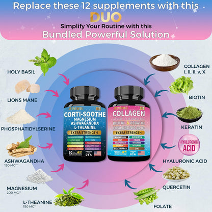 JTEVEweu Shining Serenity Set, Cortisol Support with Ashwagandha, L-Theanine, Magnesium, Lions Mane, GABA, Bacopa Monnieri, Collagen Biotin, Keratin, Hyaluronic Acid, Quercetin - Maple Wellness Supplements