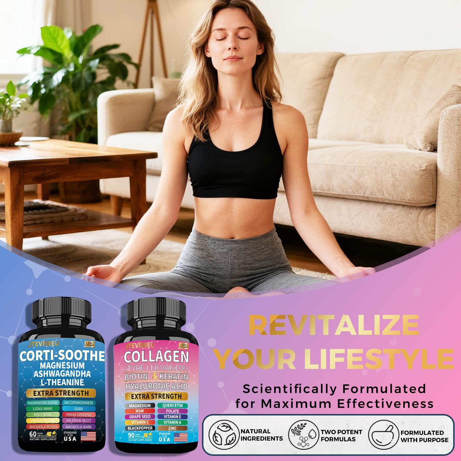 JTEVEweu Shining Serenity Set, Cortisol Support with Ashwagandha, L-Theanine, Magnesium, Lions Mane, GABA, Bacopa Monnieri, Collagen Biotin, Keratin, Hyaluronic Acid, Quercetin - Maple Wellness Supplements