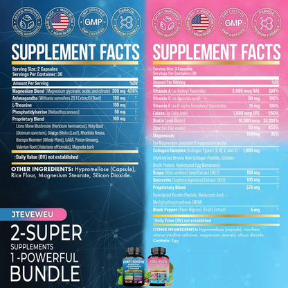 JTEVEweu Shining Serenity Set, Cortisol Support with Ashwagandha, L-Theanine, Magnesium, Lions Mane, GABA, Bacopa Monnieri, Collagen Biotin, Keratin, Hyaluronic Acid, Quercetin - Maple Wellness Supplements