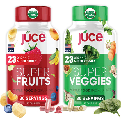 Juce Original Formula - Organic Super Fruit & Veggies Supplement - Gluten/Gelatin Free, Soy Free & Vegan- Reds & Greens Superfood Capsules- 23 Fruits & 23 Vegetables (180 Count)- By Terra Kai Organics - Maple Wellness Supplements