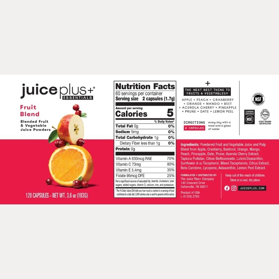 JuicePlus+ Fruit Blend: Plant-Based Whole Food Supplement with Apple, Peach, Cranberry, & More! - Vegan, Gluten-Free, Non-GMO, Kosher - Packed with Plant-Based Vitamins - 1 Bottle (60 Servings) - Maple Wellness Supplements