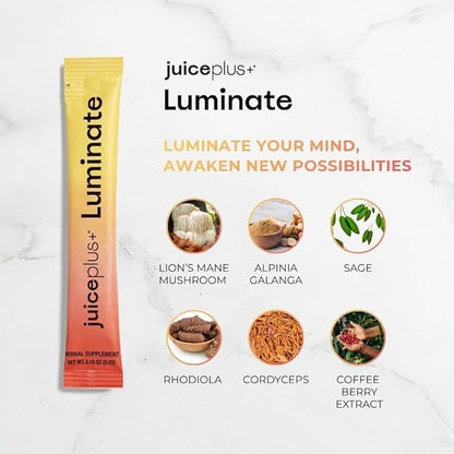 JuicePlus+ Luminate - Plant-Based Cognitive Support Drink with Ashwagandha, Lions Mane & Coffee Berry for Clarity & Vitality - 15 Sticks, 2.75 oz - Maple Wellness Supplements