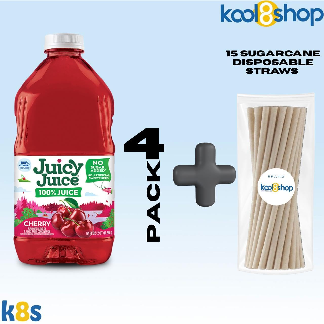Juicy Juice Cherry 100% Juice Vitamin C No Sugar Added 64 fl oz Plastic Bottle 4 Pack + 15 Sugarcane Disposable Straws by KOOL8SHOP Infinite Deals - Maple Wellness Supplements