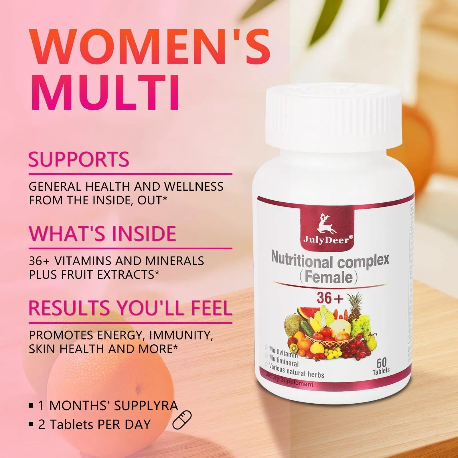 JulyDeer One Daily Tablet Multivitamin for Women - Complete Multimineral with Vitamin A, C, D, E and B-Complex, Zinc & More for Women's Immunity - Maple Wellness Supplements