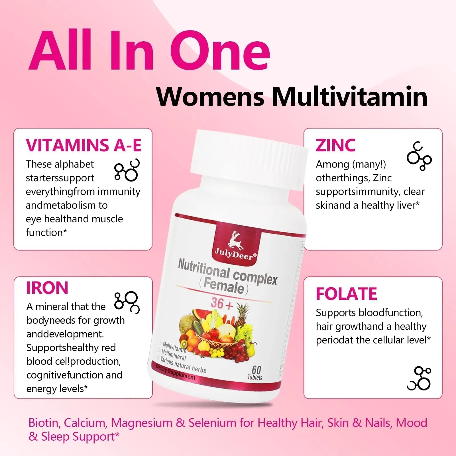 JulyDeer One Daily Tablet Multivitamin for Women - Complete Multimineral with Vitamin A, C, D, E and B-Complex, Zinc & More for Women's Immunity - Maple Wellness Supplements