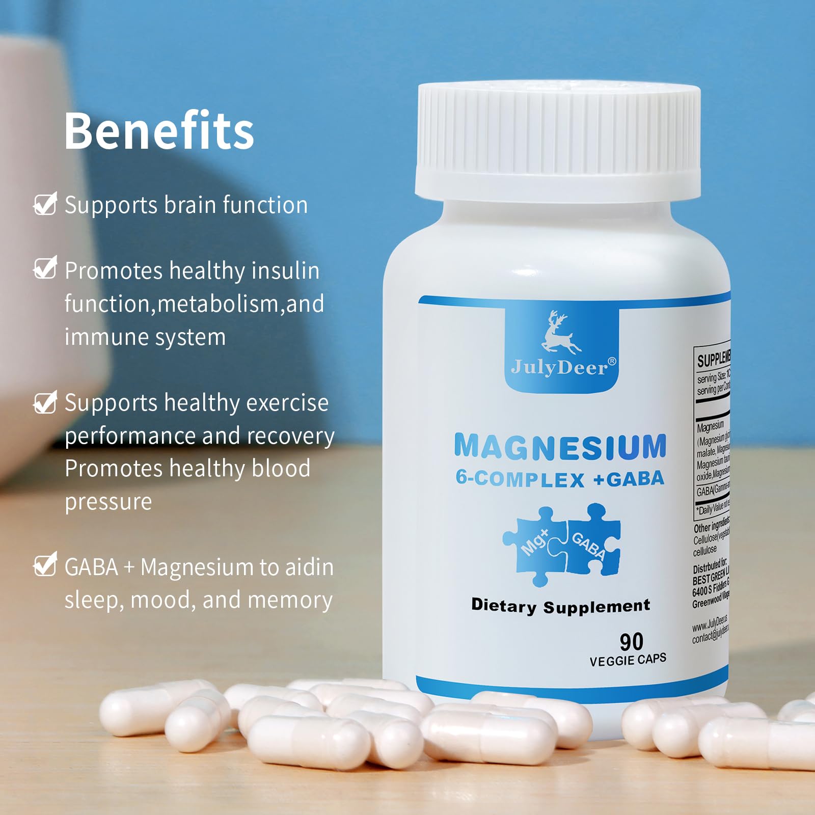 JulyDeer Sixfold Magnesium Complex | 350mg of Magnesium Glycinate, Malate, Citrate, Taurine, Oxide, Mg+ for Muscles,Nerves,& Energy, GABA Sleep Support | High Absorption | Vegan | 90 Capsules - Maple Wellness Supplements