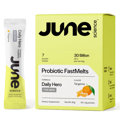 June Science Daily Hero for Men | Fast Melt Pre + Probiotic for Men - Tangerine Flavor, 30 Powder Sachets - Maple Wellness Supplements