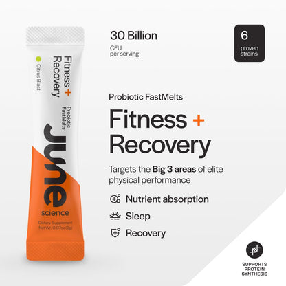 June Science Fitness + Recovery | Fast Melt Pre + Probiotic for Muscle Recovery + Training - Citrus Blast Flavor, 30 Powder Sachets - Maple Wellness Supplements