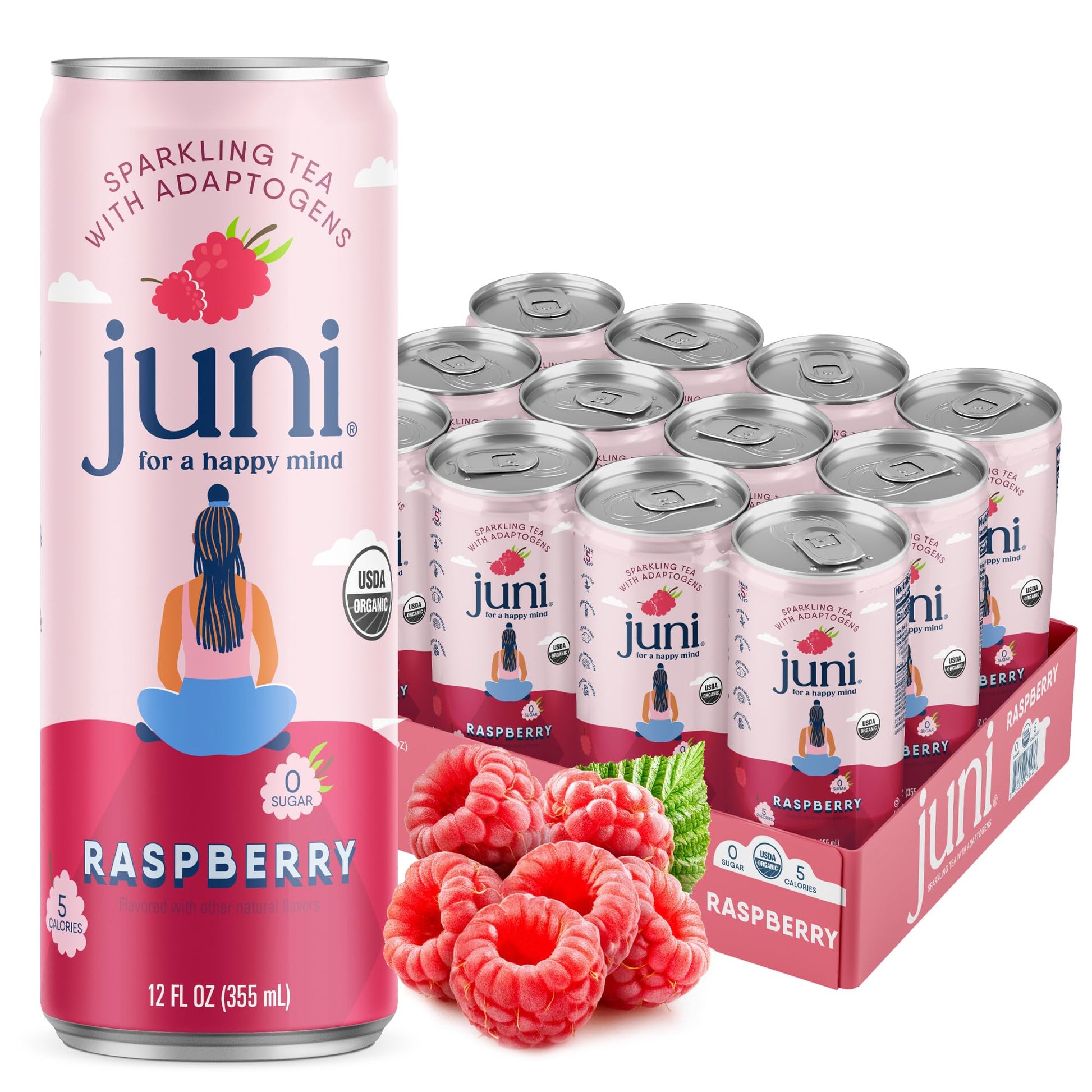 Juni Sparkling Adaptogen Drink with Ashwagandha, Lion’s Mane & Reishi Mushrooms | Green Tea for Focus, Zero Sugar, 5 Calories, Organic | Non Alcoholic Drinks - Raspberry 12 pack - Maple Wellness Supplements