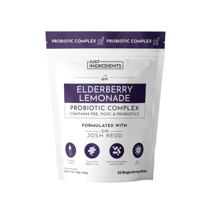 JUST INGREDIENTS Elderberry Lemonade 3-in-1 Probiotic Complex - Prebiotics, Probiotics & Postbiotics - 30 Sticks - Maple Wellness Supplements