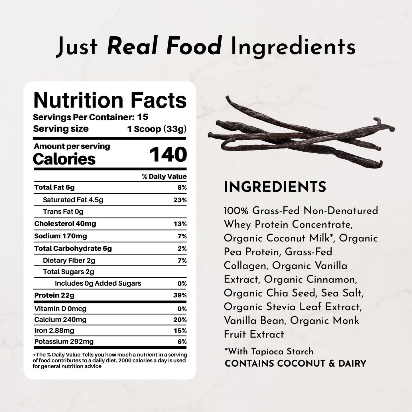 JUST INGREDIENTS Vanilla Protein Powder - Grass-Fed Whey Blend, Organic, Gluten Free, Dairy Free, Soy Free - 15 Servings, 22g Protein - Maple Wellness Supplements